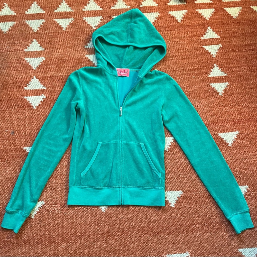 Y2K Vintage Teal Juicy Couture size P Terry Cloth Zip Up Hoodie Jacket